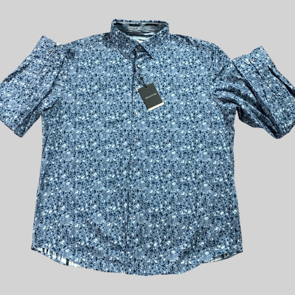 Bugatchi‎ Ooohcotton Shirt Mens XL Cobalt Jax Double Sided Mosaic 8 Way Stretch